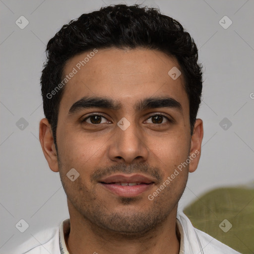 Neutral white young-adult male with short  black hair and brown eyes