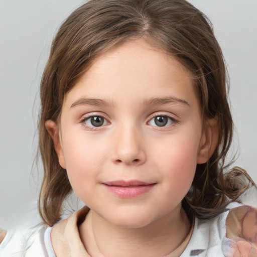 Joyful white child female with medium  brown hair and brown eyes