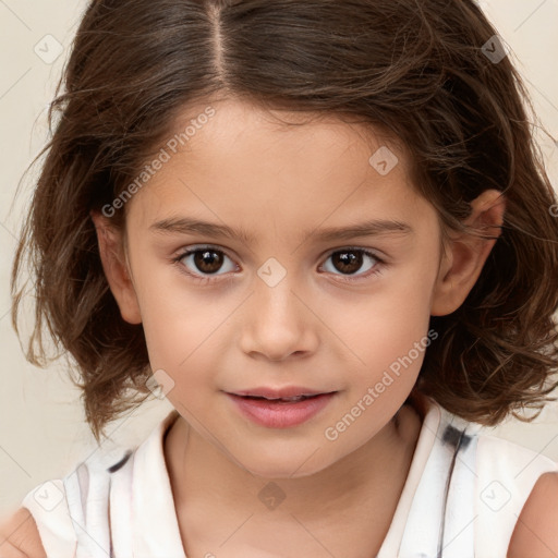 Joyful white child female with medium  brown hair and brown eyes