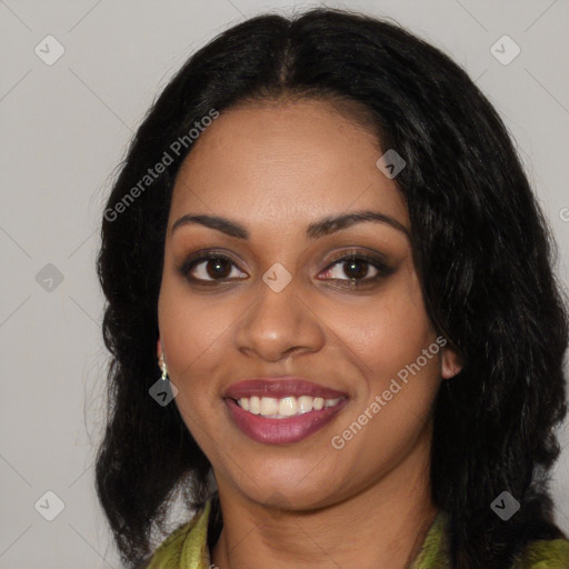 Joyful latino young-adult female with long  black hair and brown eyes