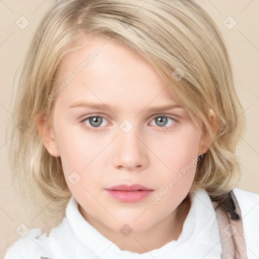 Neutral white child female with medium  brown hair and blue eyes