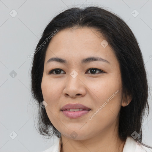 Joyful asian young-adult female with medium  brown hair and brown eyes