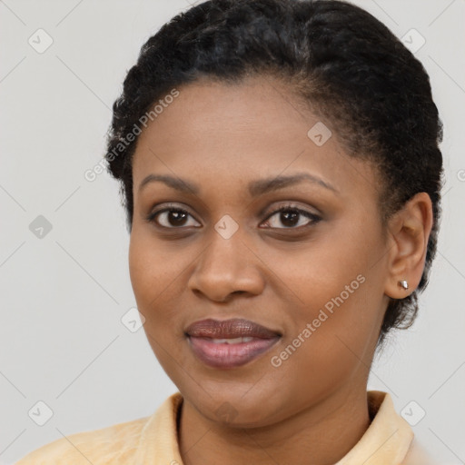 Joyful latino young-adult female with short  brown hair and brown eyes