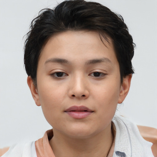 Neutral asian young-adult female with short  brown hair and brown eyes