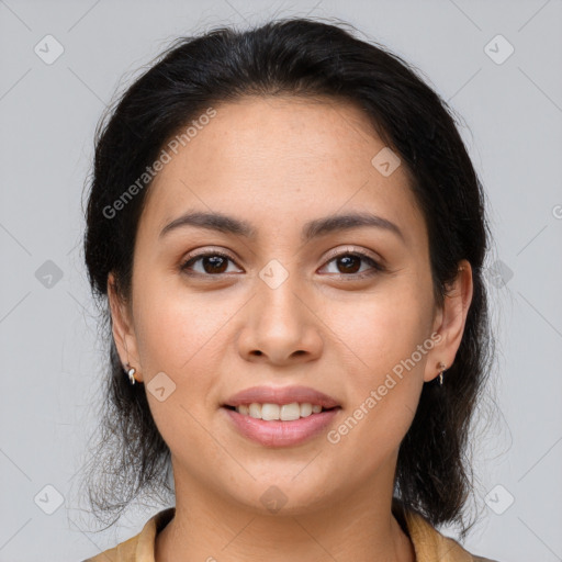 Joyful white young-adult female with long  brown hair and brown eyes