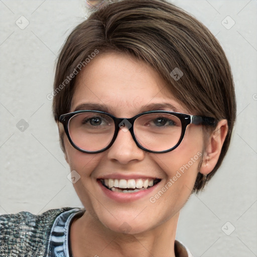 Joyful white young-adult female with medium  brown hair and blue eyes