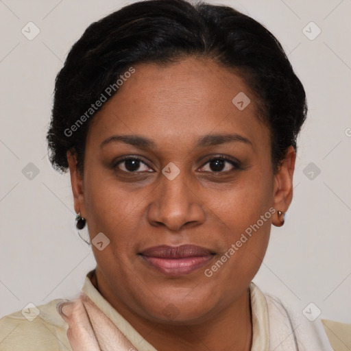 Joyful latino young-adult female with short  brown hair and brown eyes