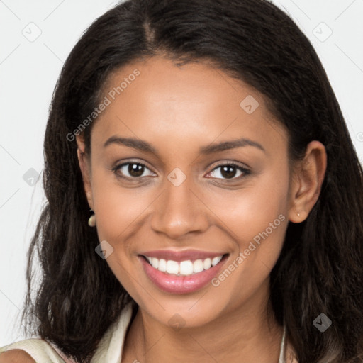 Joyful latino young-adult female with long  brown hair and brown eyes