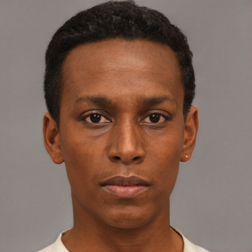 Neutral black young-adult male with short  black hair and brown eyes