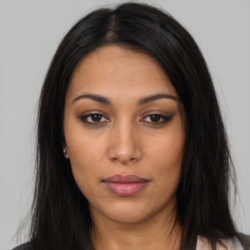 Neutral latino young-adult female with long  black hair and brown eyes