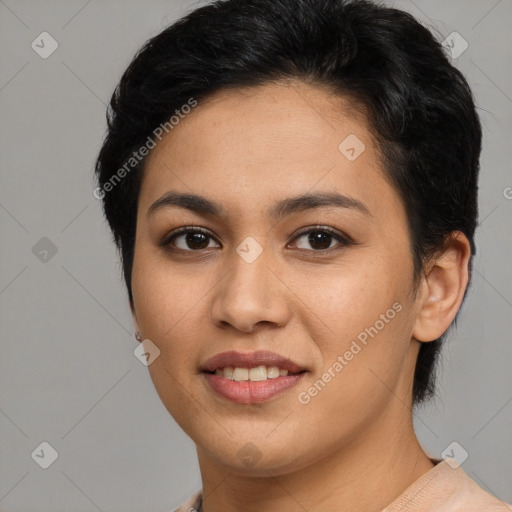 Joyful latino young-adult female with short  black hair and brown eyes