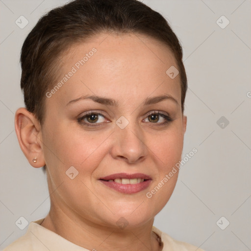 Joyful white young-adult female with short  brown hair and brown eyes