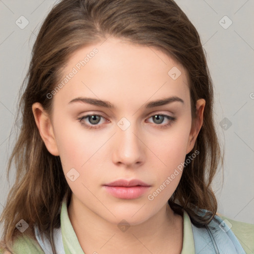 Neutral white young-adult female with medium  brown hair and brown eyes