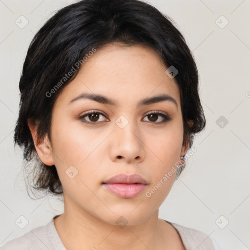 Neutral asian young-adult female with medium  brown hair and brown eyes