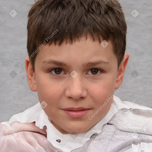 Joyful white child male with short  brown hair and brown eyes