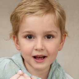 Joyful white child female with short  brown hair and brown eyes