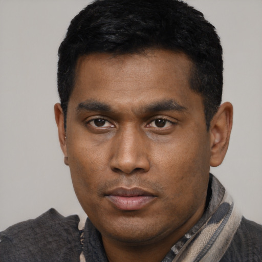 Neutral black young-adult male with short  black hair and brown eyes