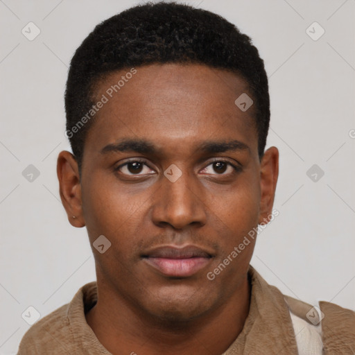 Neutral black young-adult male with short  black hair and brown eyes
