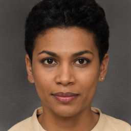 Neutral black young-adult female with short  black hair and brown eyes