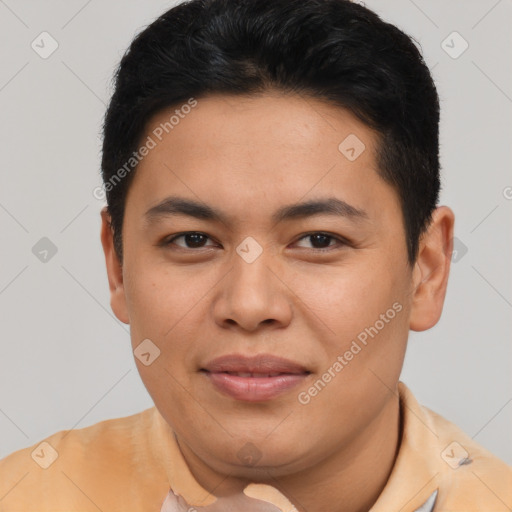 Joyful asian young-adult female with short  brown hair and brown eyes