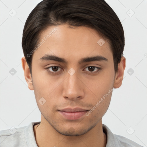 Neutral white young-adult male with short  brown hair and brown eyes