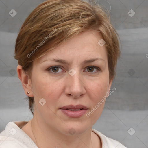 Joyful white adult female with medium  brown hair and blue eyes