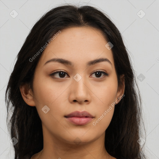 Neutral asian young-adult female with long  brown hair and brown eyes