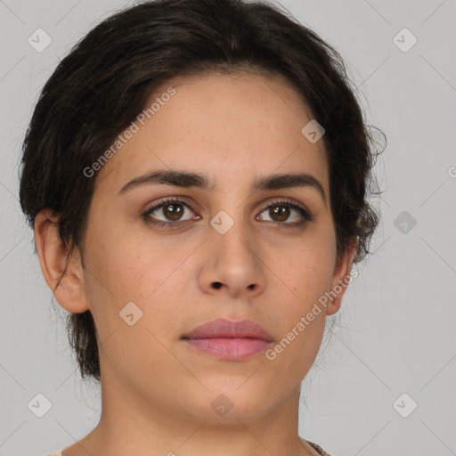 Neutral white young-adult female with medium  brown hair and brown eyes