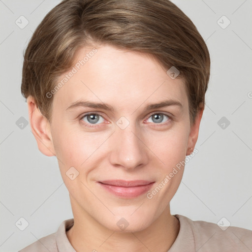 Joyful white young-adult female with short  brown hair and grey eyes