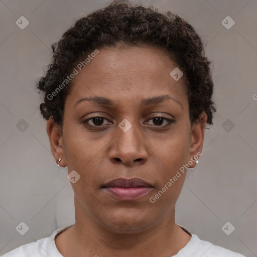 Neutral black young-adult female with short  brown hair and brown eyes