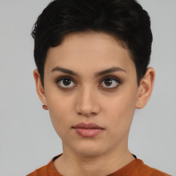 Neutral latino young-adult female with short  black hair and brown eyes