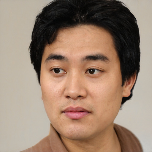 Neutral asian young-adult male with short  black hair and brown eyes