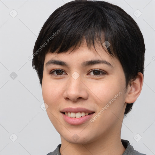 Joyful asian young-adult female with short  brown hair and brown eyes