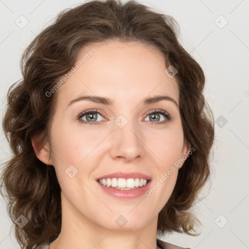 Joyful white young-adult female with medium  brown hair and green eyes