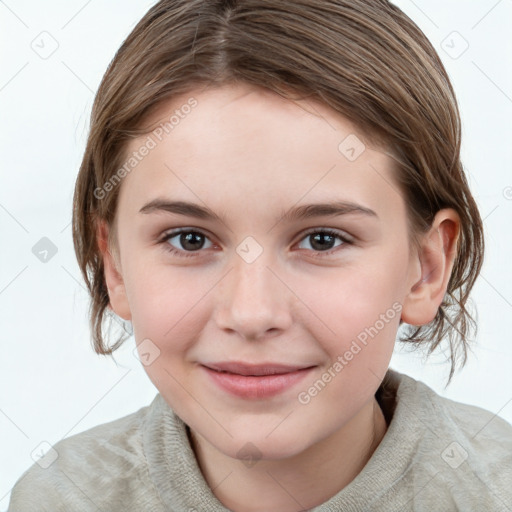 Joyful white child female with medium  brown hair and grey eyes