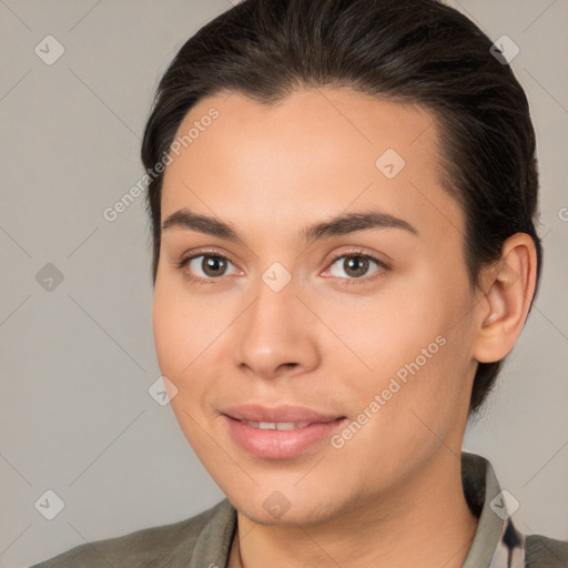 Joyful white young-adult female with medium  brown hair and brown eyes