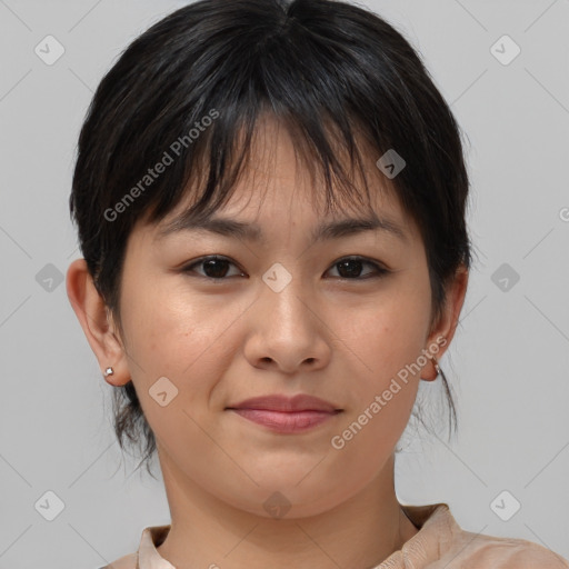 Joyful white young-adult female with medium  brown hair and brown eyes