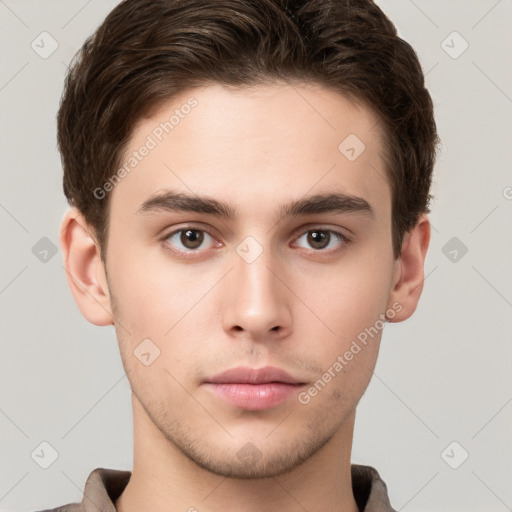 Neutral white young-adult male with short  brown hair and brown eyes