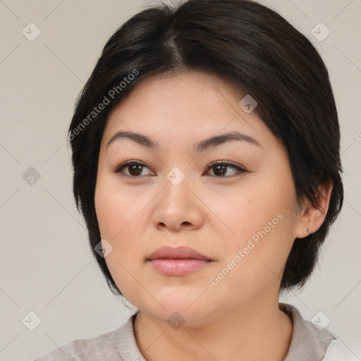 Neutral white young-adult female with medium  brown hair and brown eyes