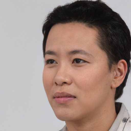 Neutral asian young-adult female with short  black hair and brown eyes
