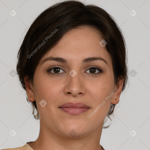 Joyful white young-adult female with medium  brown hair and brown eyes