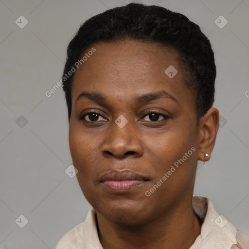 Joyful black young-adult female with short  black hair and brown eyes