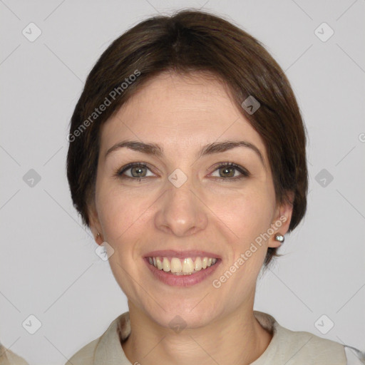 Joyful white young-adult female with medium  brown hair and grey eyes