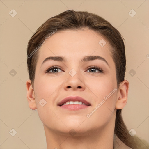 Neutral white young-adult female with short  brown hair and brown eyes