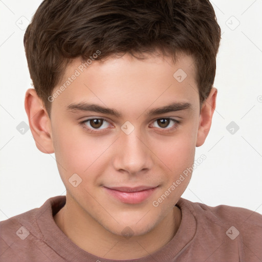 Joyful white child male with short  brown hair and brown eyes