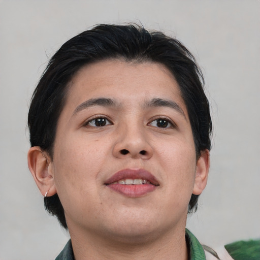Joyful asian young-adult female with short  brown hair and brown eyes