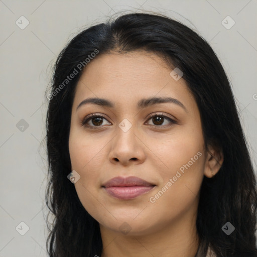 Joyful asian young-adult female with long  brown hair and brown eyes