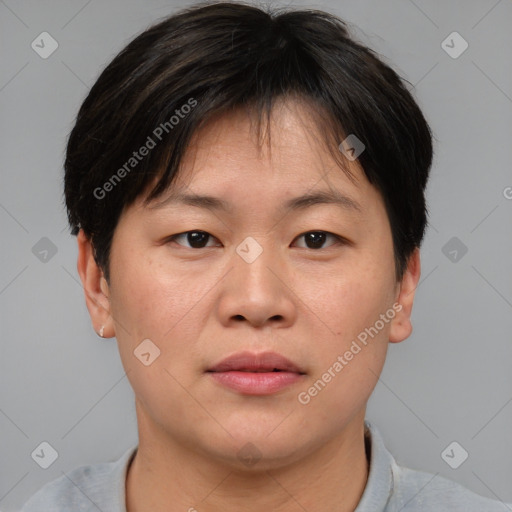 Joyful asian young-adult female with short  brown hair and brown eyes