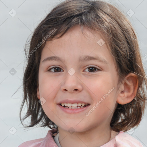 Joyful white child female with medium  brown hair and brown eyes