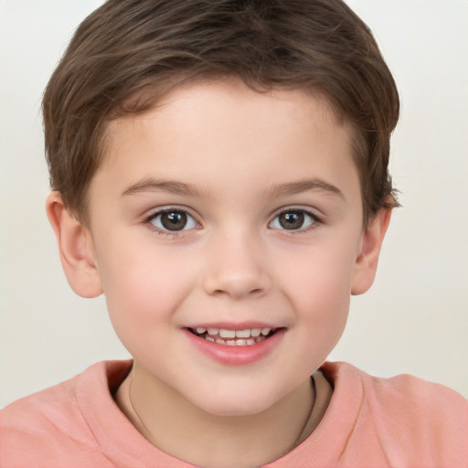 Joyful white child female with short  brown hair and brown eyes